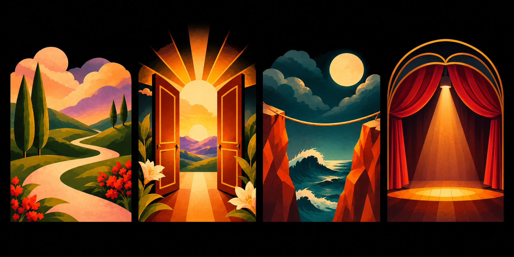 Four Art Deco illustrations: a winding path, an open door, a tightrope over the sea, and a theater stage with a spotlight.