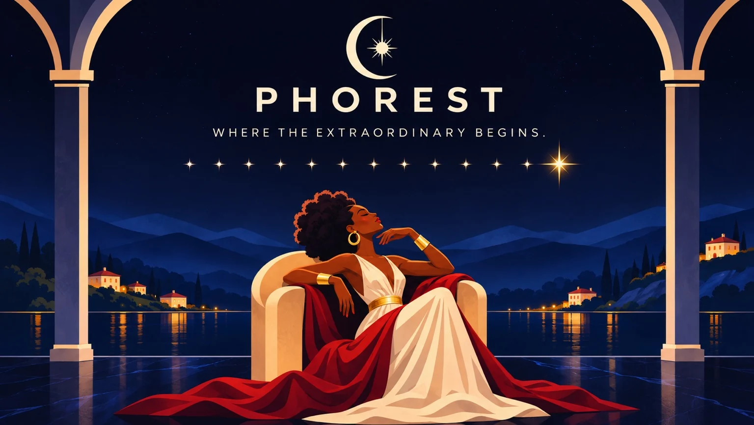 PHOREST — Where the Extraordinary Begins. Midnight-blue Art Deco illustration with a seated woman, moon and stars, arches, and lakeside mountains.